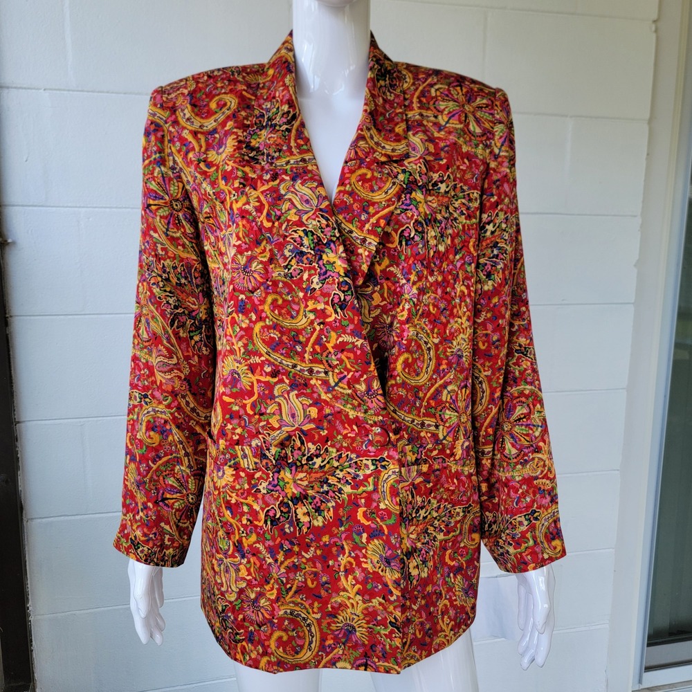 VTG 90s Ann May Silk Blazer Multicolor Women 8 Retro Maximalist